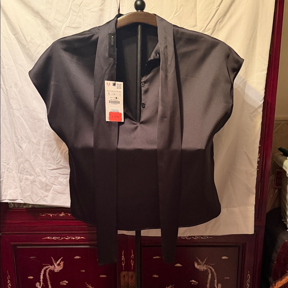 Zara Black Satin Tie-Neck Top